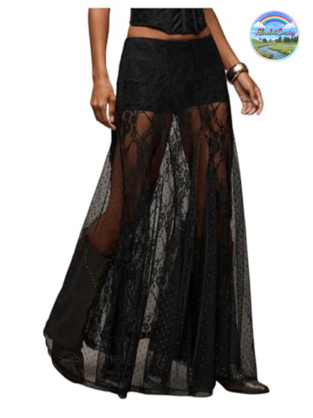 Sheer Lace Maxi Skirt Polka Dot Ruffle Asymmetrical Flowy Gothic